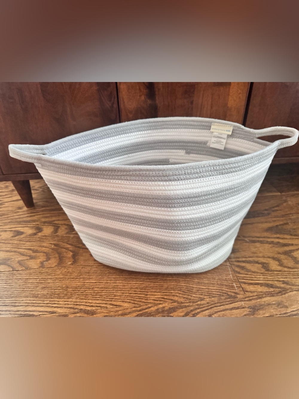 Pottery Barn Kids Gray and White Stripe Rope Bin